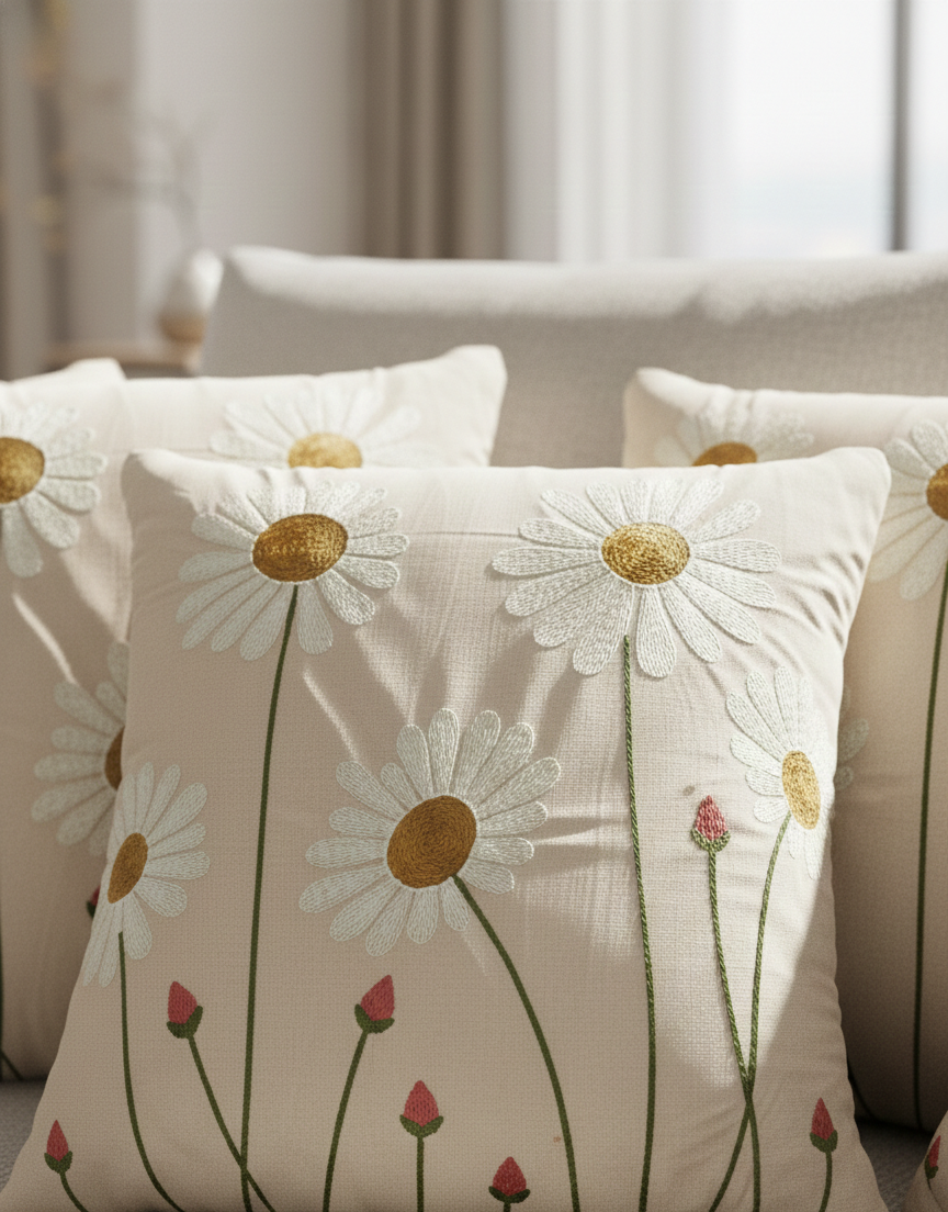 Daisy Meadow Embroidered Cushion Cover