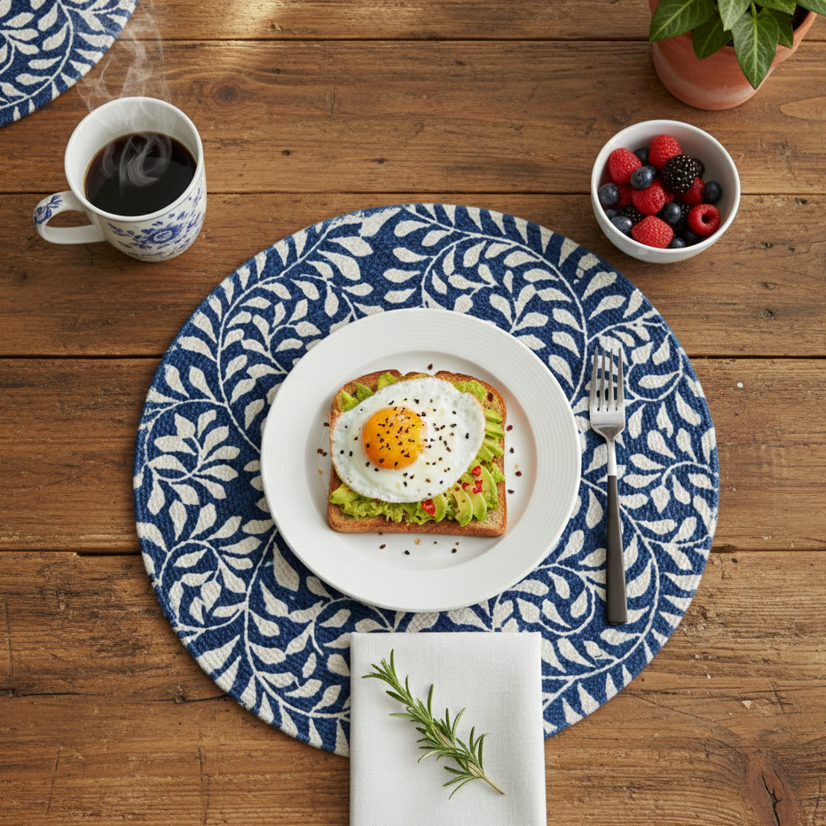 Handwoven Blue Leaf-Print Placemat