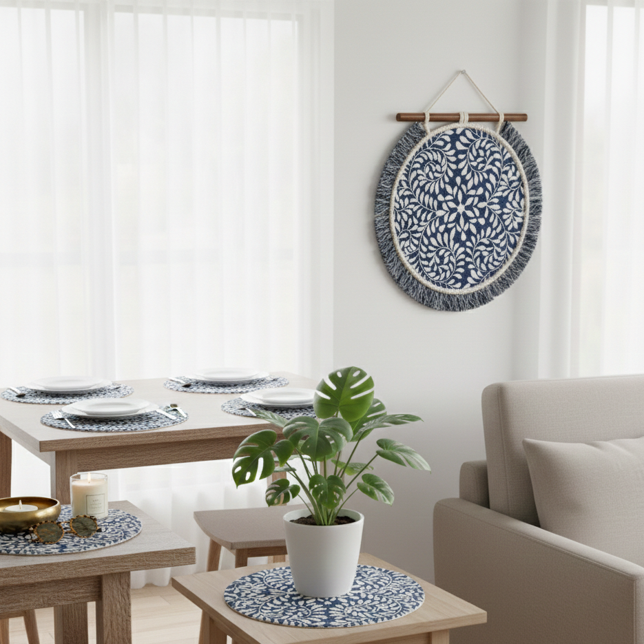 Handwoven Blue Leaf-Print Placemat