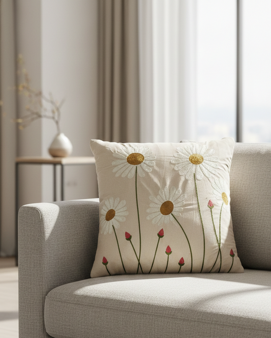 Daisy Meadow Embroidered Cushion Cover