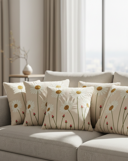Daisy Meadow Embroidered Cushion Cover