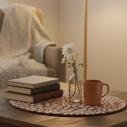 Cozy living room with a wooden coffee table featuring books, a mug, and a vase with flowers.