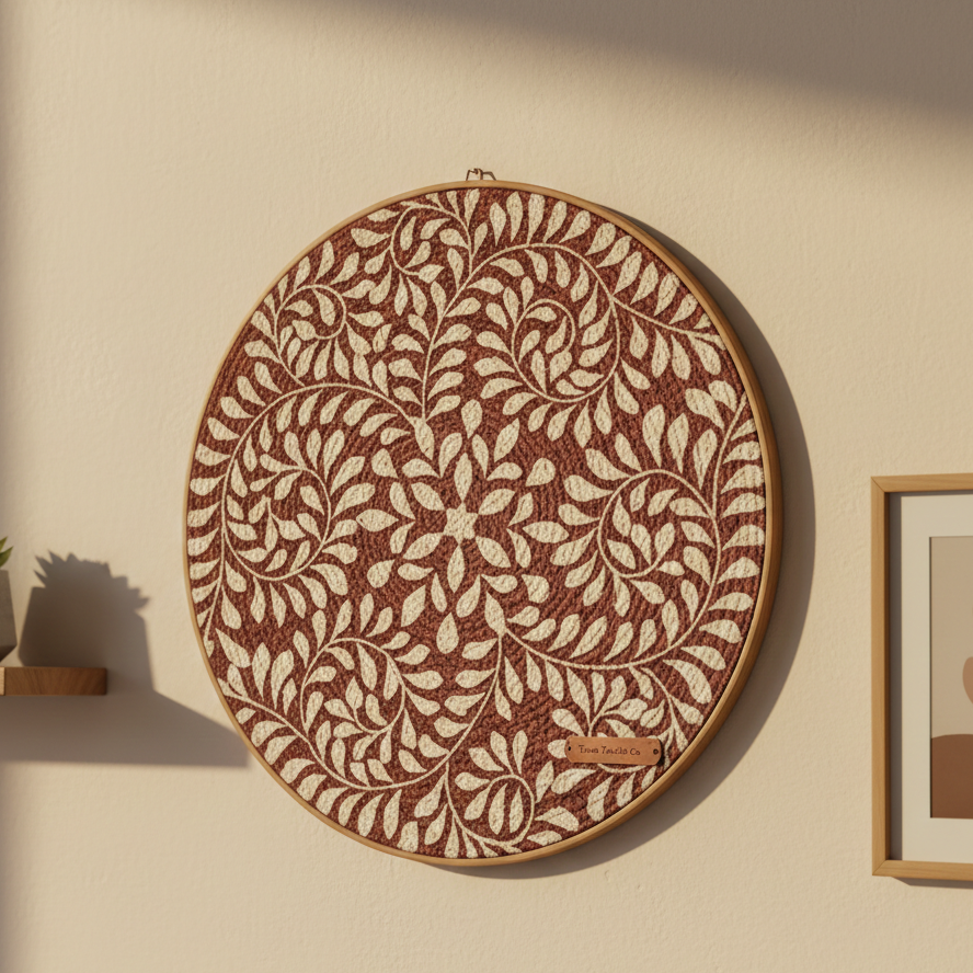 Decorative wall art with floral pattern on a beige wall.