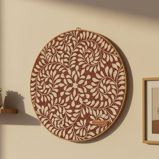 Decorative wall art with floral pattern on a beige wall.